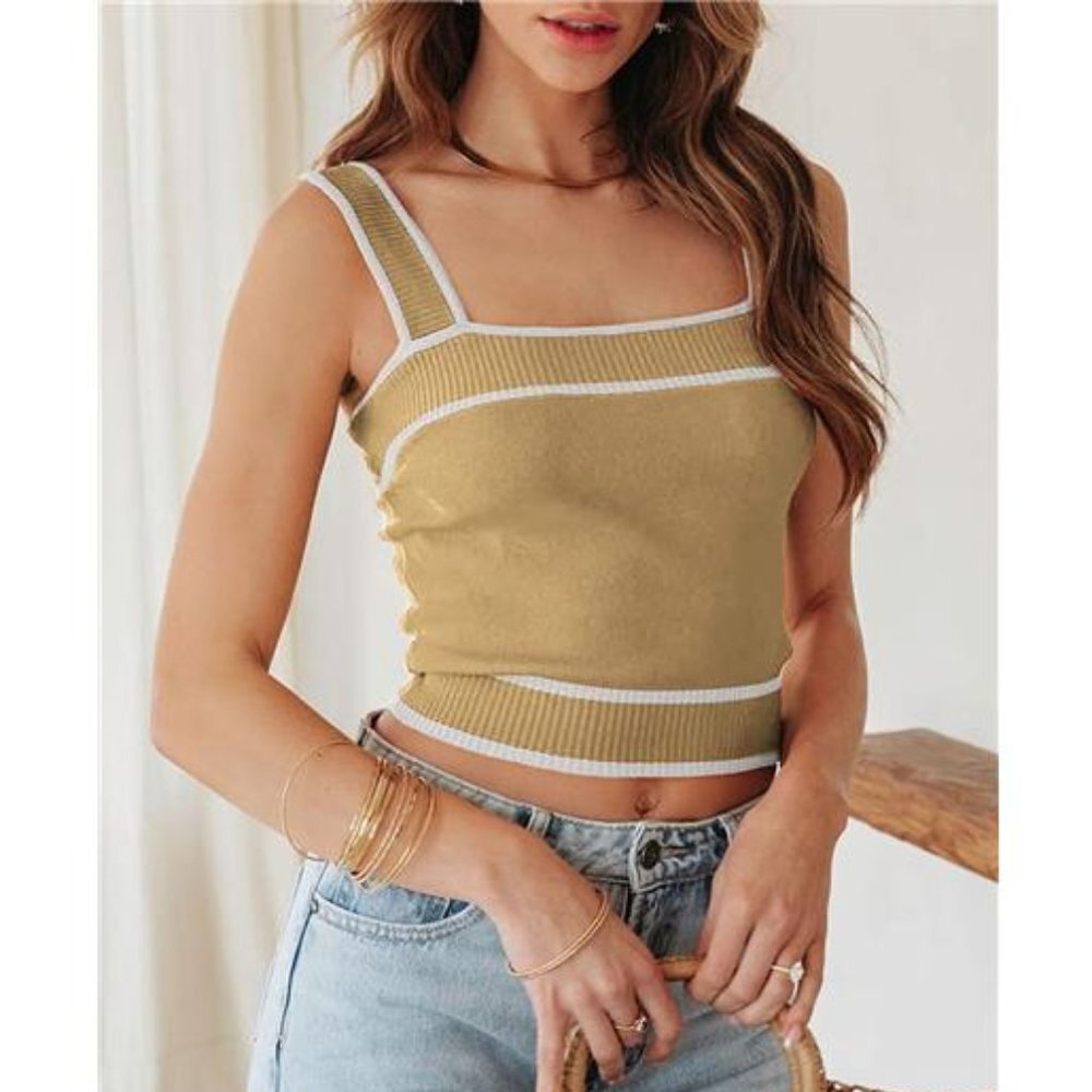 Beige Colorblock Knit Y2K Crop Top Square Neck‎ Tank Top Sleeveless Cami Shirt
